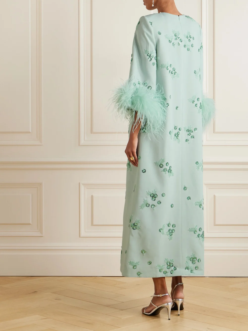 Back view of the Huishan Zhang Elias Feather-trimmed Embellished Recycled Crepe-jersey Gown