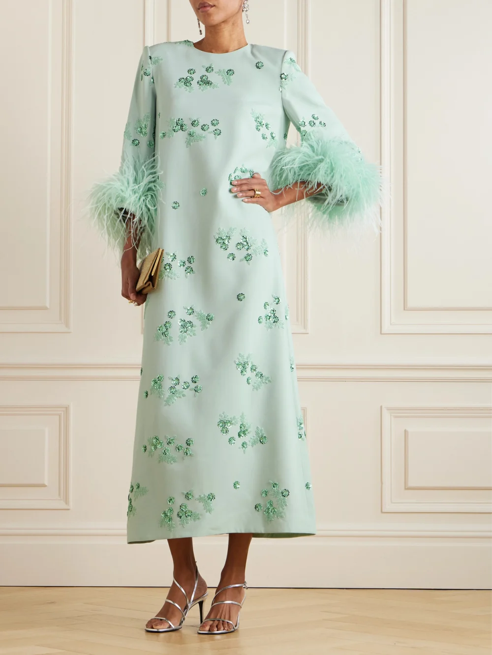 Huishan Zhang Elias Feather-trimmed Embellished Recycled Crepe-jersey Gown, worn by a model