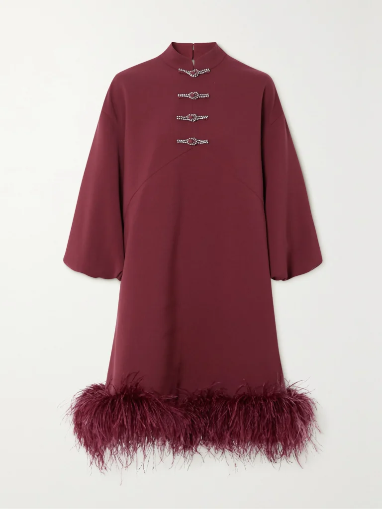 Huishan Zhang Meiling Feather-trimmed Crystal-embellished Recycled-crepe Mini Dress