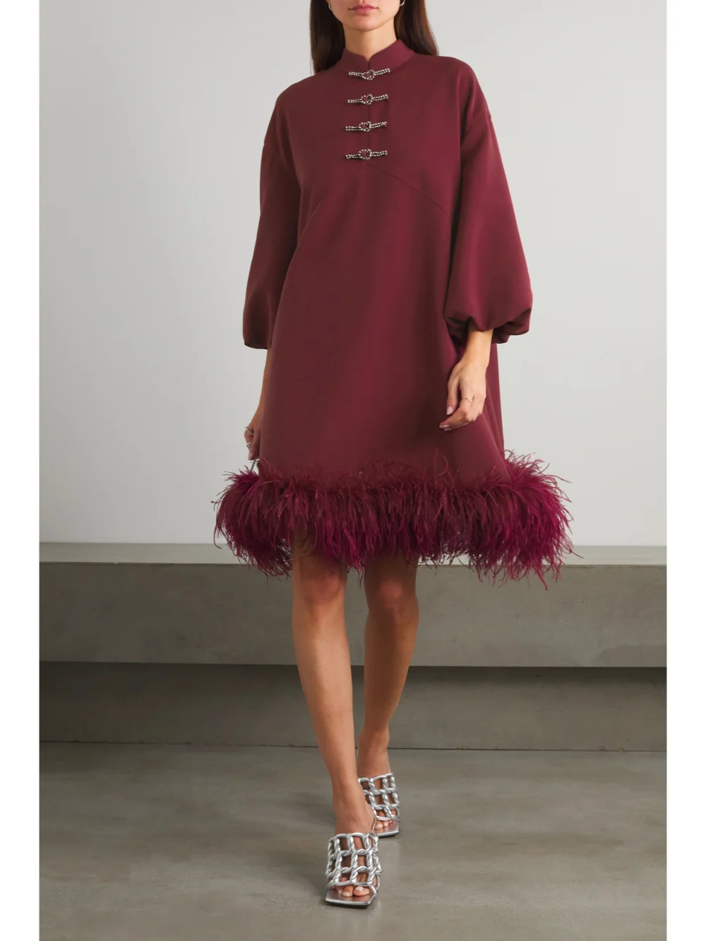 Huishan Zhang Meiling Feather-trimmed Crystal-embellished Recycled-crepe Mini Dress, worn by a model