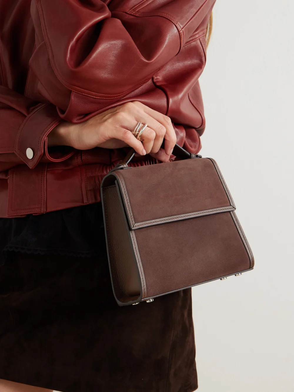 Hunting Season Small Leather-trimed Suede Tote, styled view