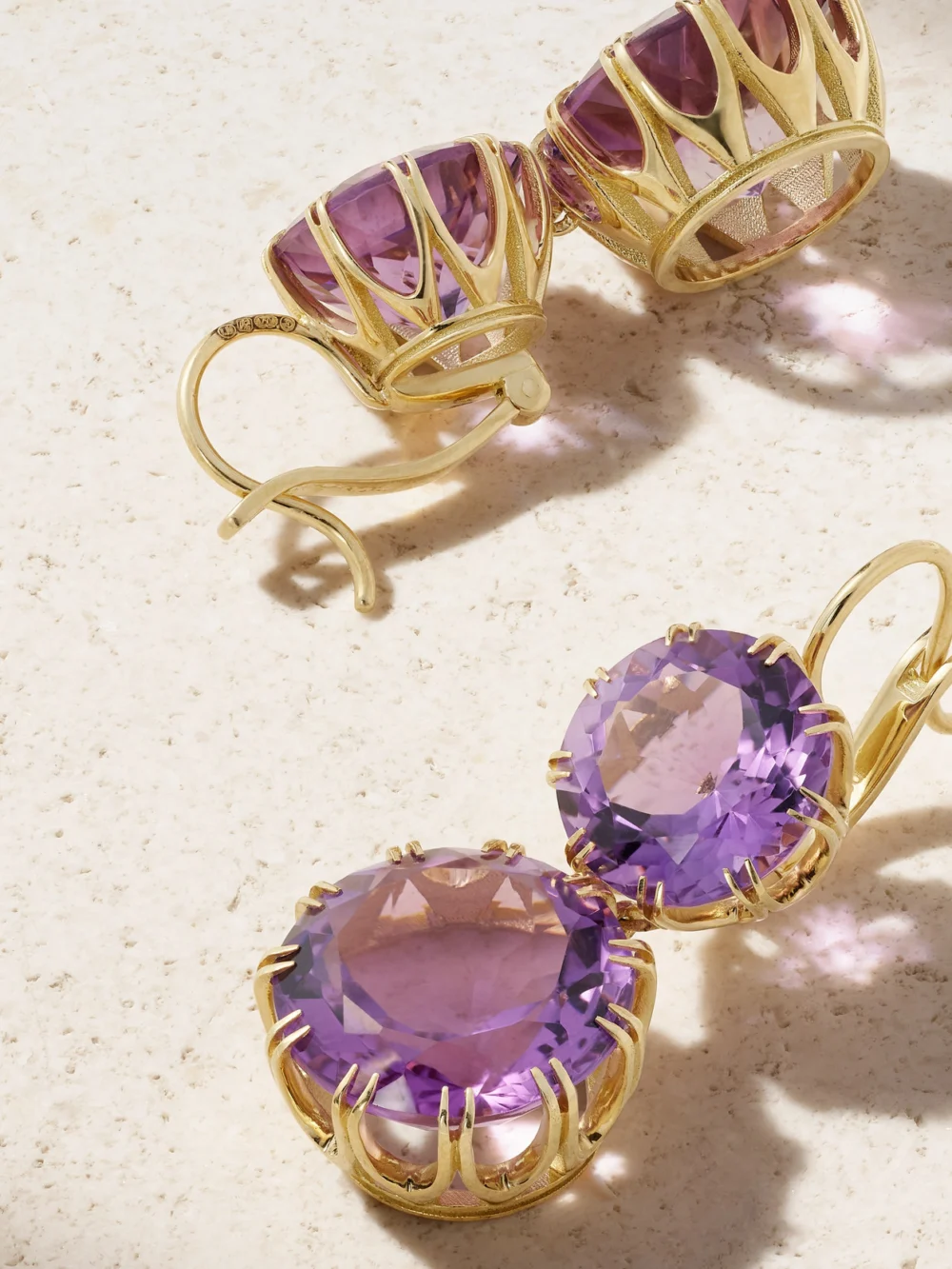 Close-up detail of the Ileana Makri Double Crown 18-karat Gold Amethyst Earrings