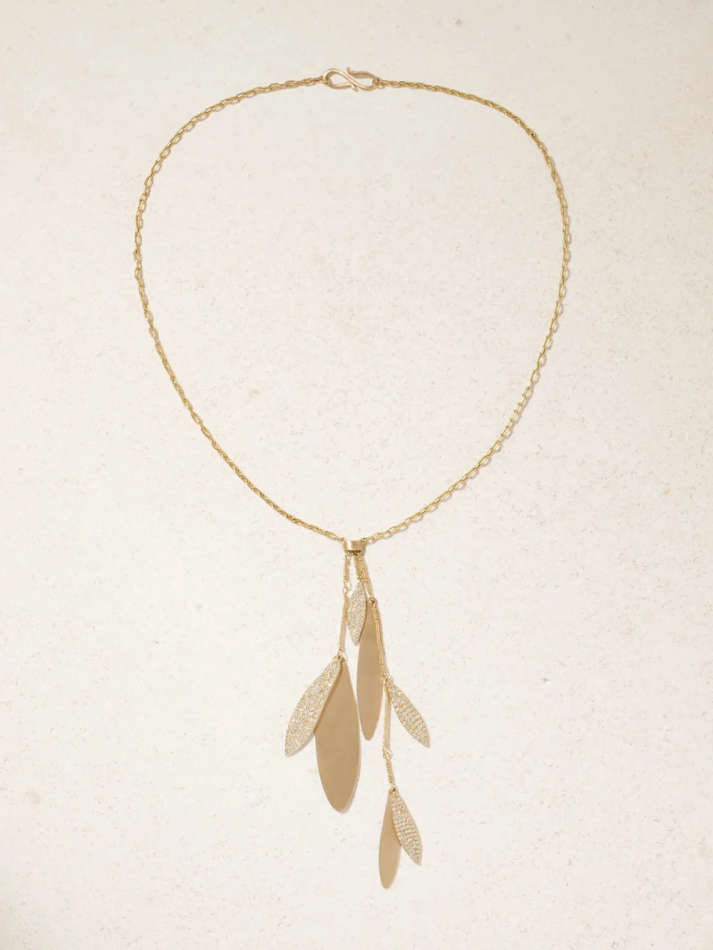 Close-up detail of the Ileana Makri Falling Leaves 18-karat Gold Diamond Necklace