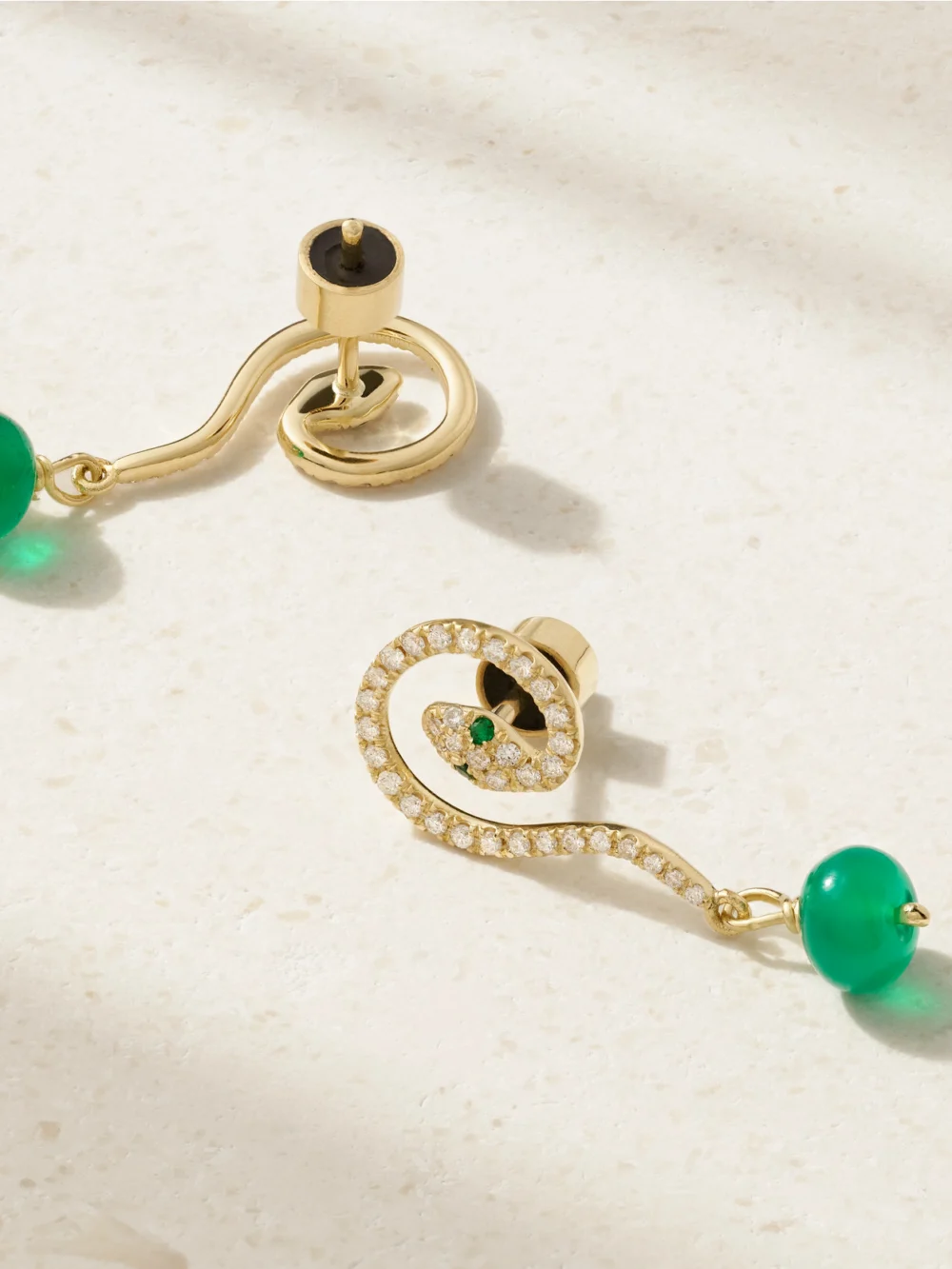 Close-up detail of the Ileana Makri Serpent Coil 18-karat Gold Multi-stone Earrings