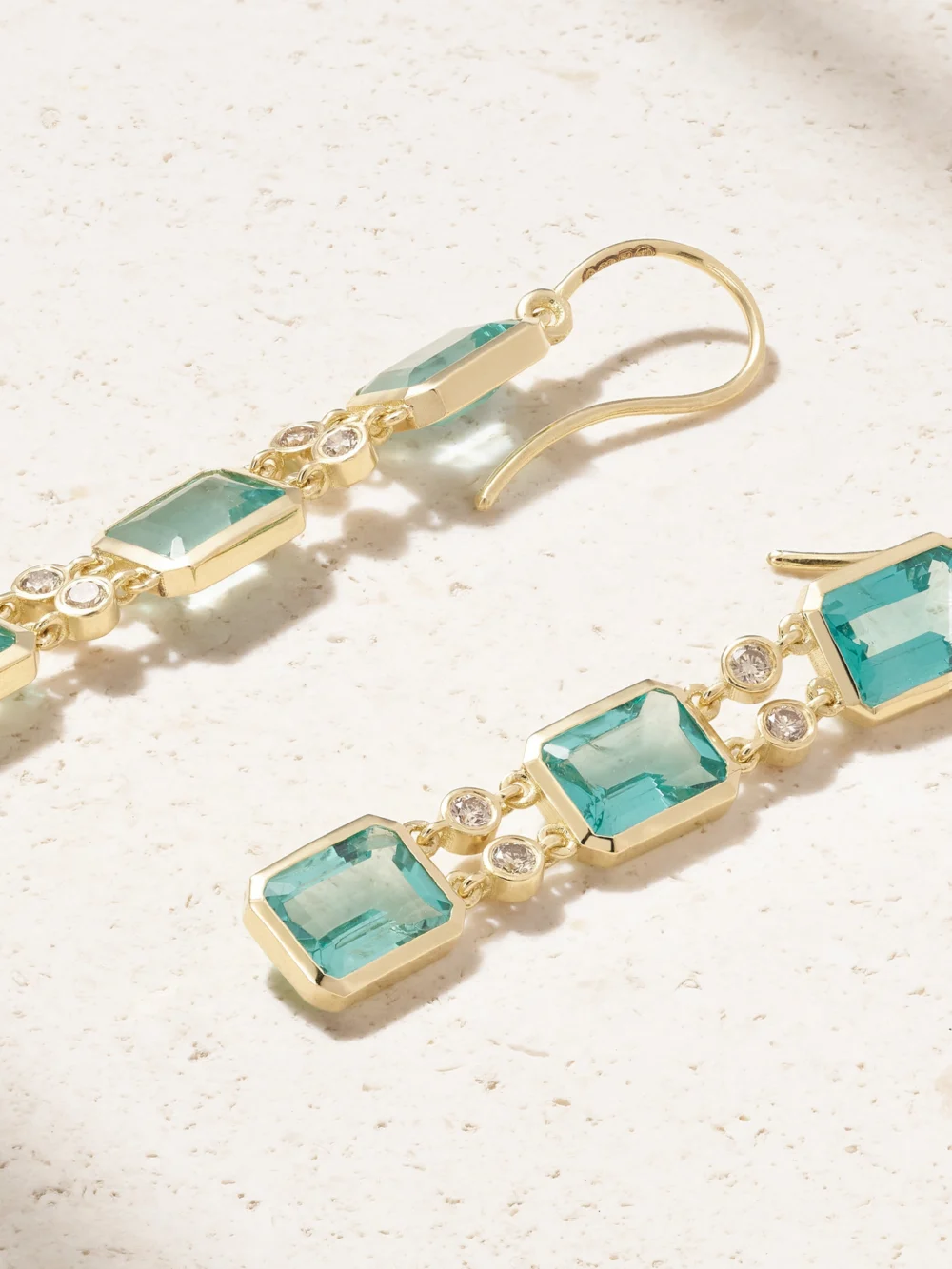 Close-up detail of the Ileana Makri Tile Drop 18-karat Gold Apatite and Diamond Earrings