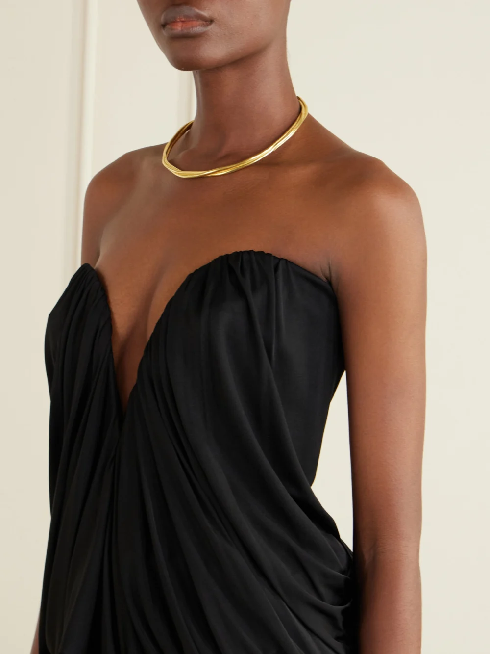 Close-up detail of the Ilkyaz Ozel Olivienne Draped Satin Bustier Top