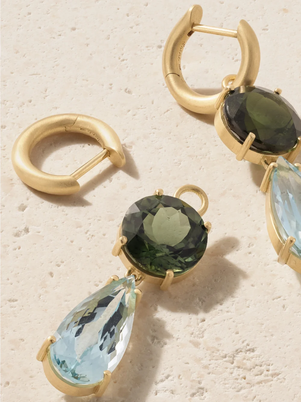 Close-up detail of the Irene Neuwirth Gemmy Gem 18-karat Gold, Aquamarine and Tourmaline Earrings