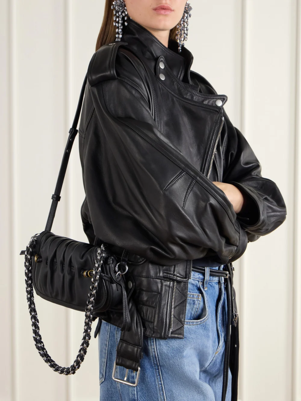 Isabel Marant Bolton Embellished Gathered Leather Shoulder Bag, styled view