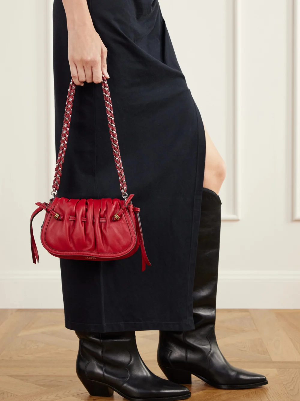 Isabel Marant Bolton Embellished Gathered Leather Shoulder Bag, styled view