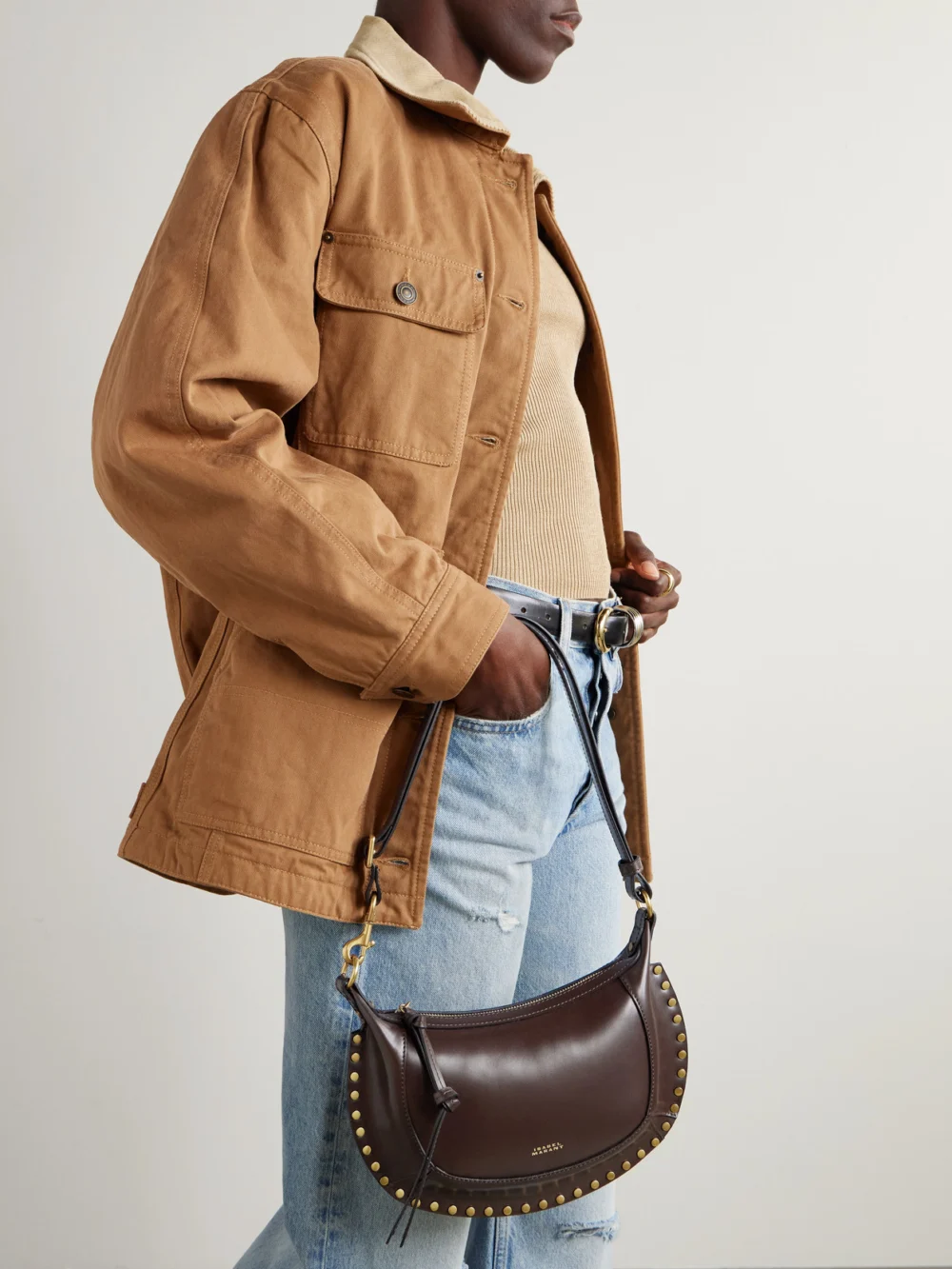 Isabel Marant Oskan Moon Studded Leather Shoulder Bag, styled view