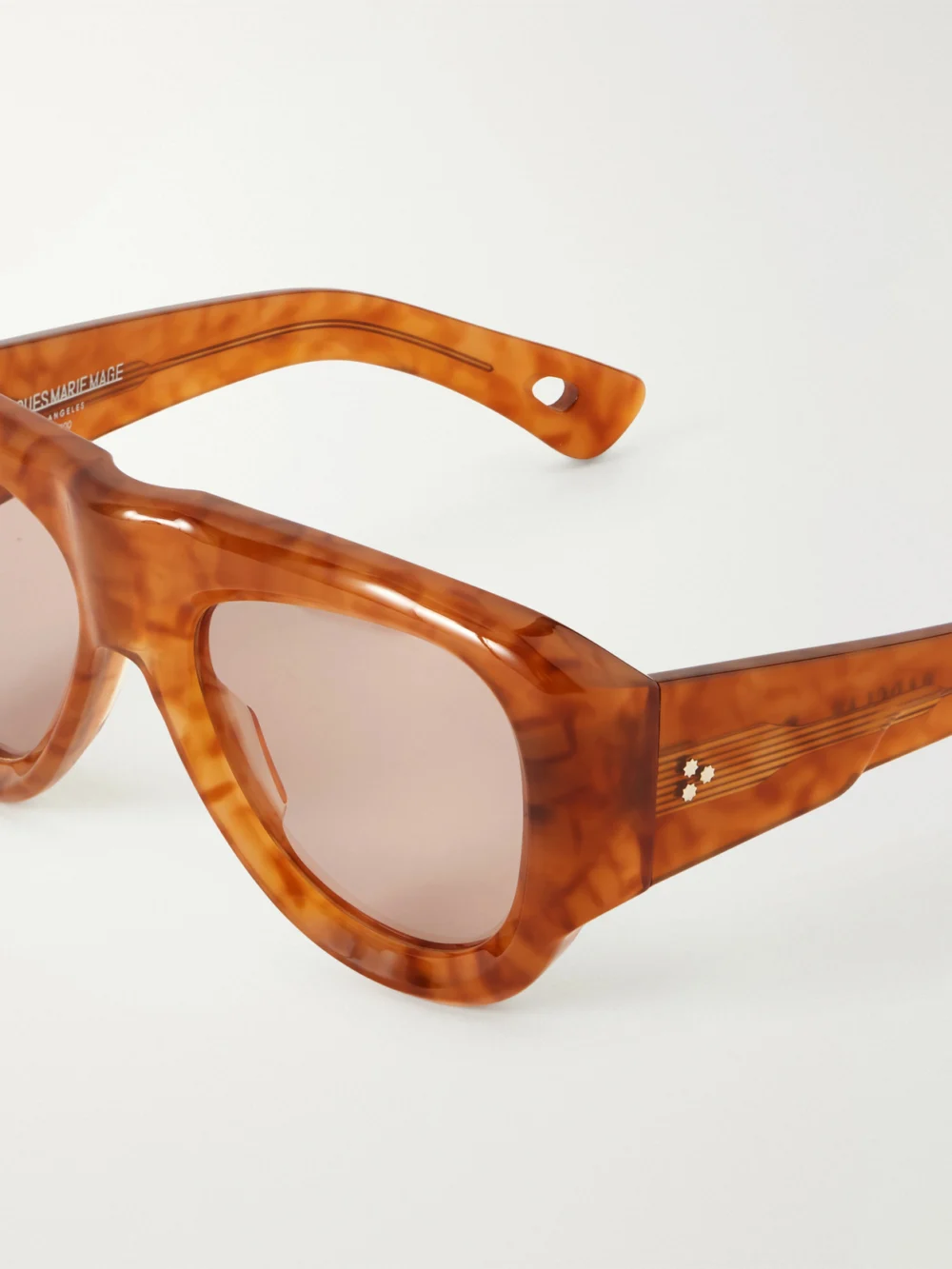 Close-up detail of the Jacques Marie Mage Barclay D-frame Tortoiseshell Acetate Sunglasses