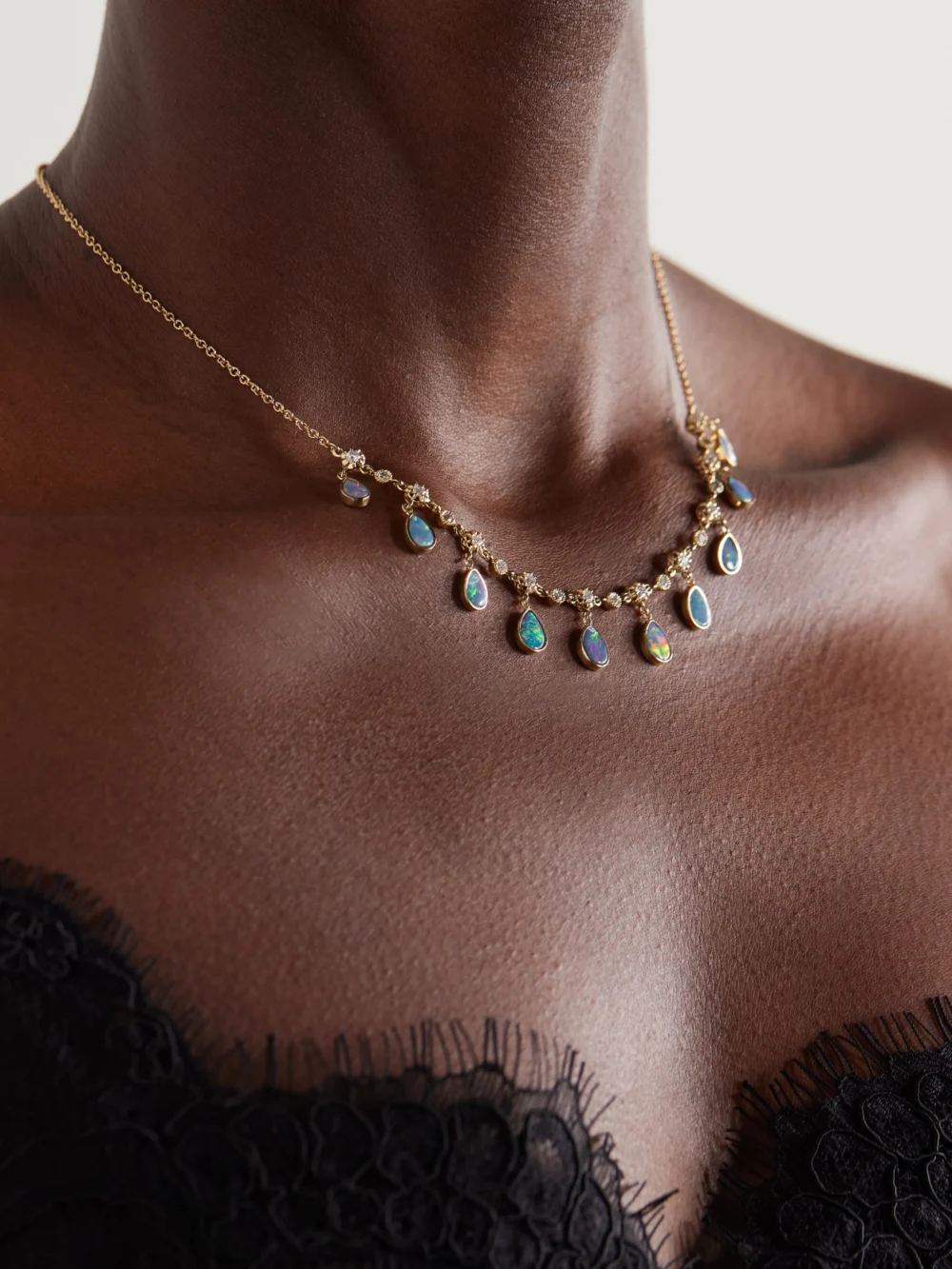 Jacquie Aiche Shaker 14-karat Gold, Diamond and Opal Necklace, styled view