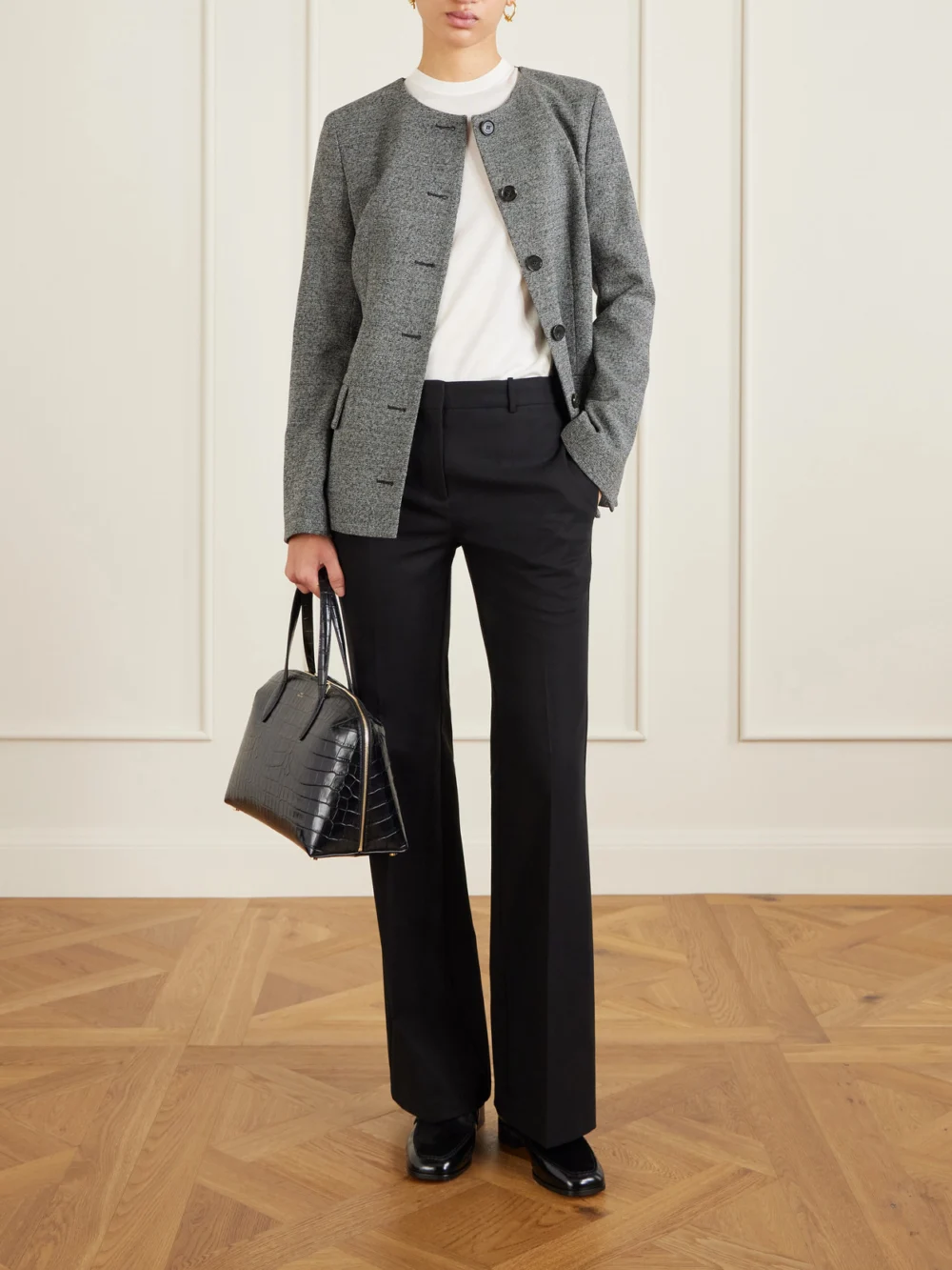 Jamie Haller Mod Calf Hair and Glossed-leather Loafers, styled view