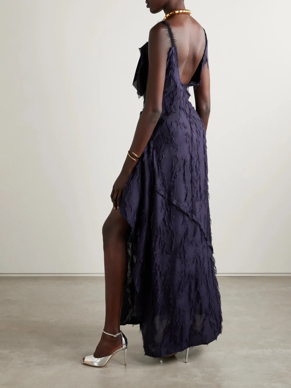 Back view of the Jason Wu Collection Asymmetric Fil Coupé Woven Maxi Dress