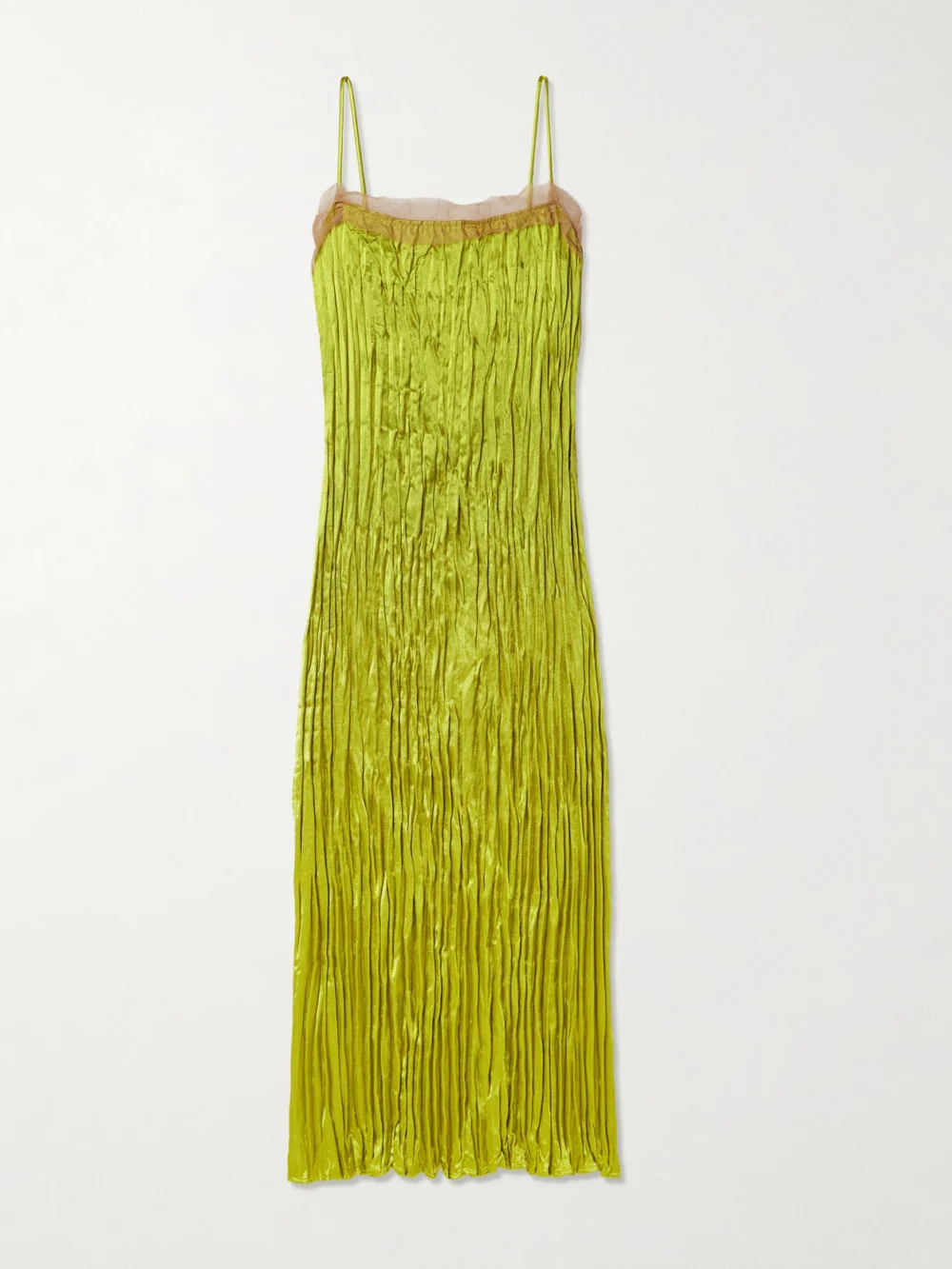 Jason Wu Collection Organza-trimmed Plissé Hammered Silk-satin Midi Dress in chartreuse