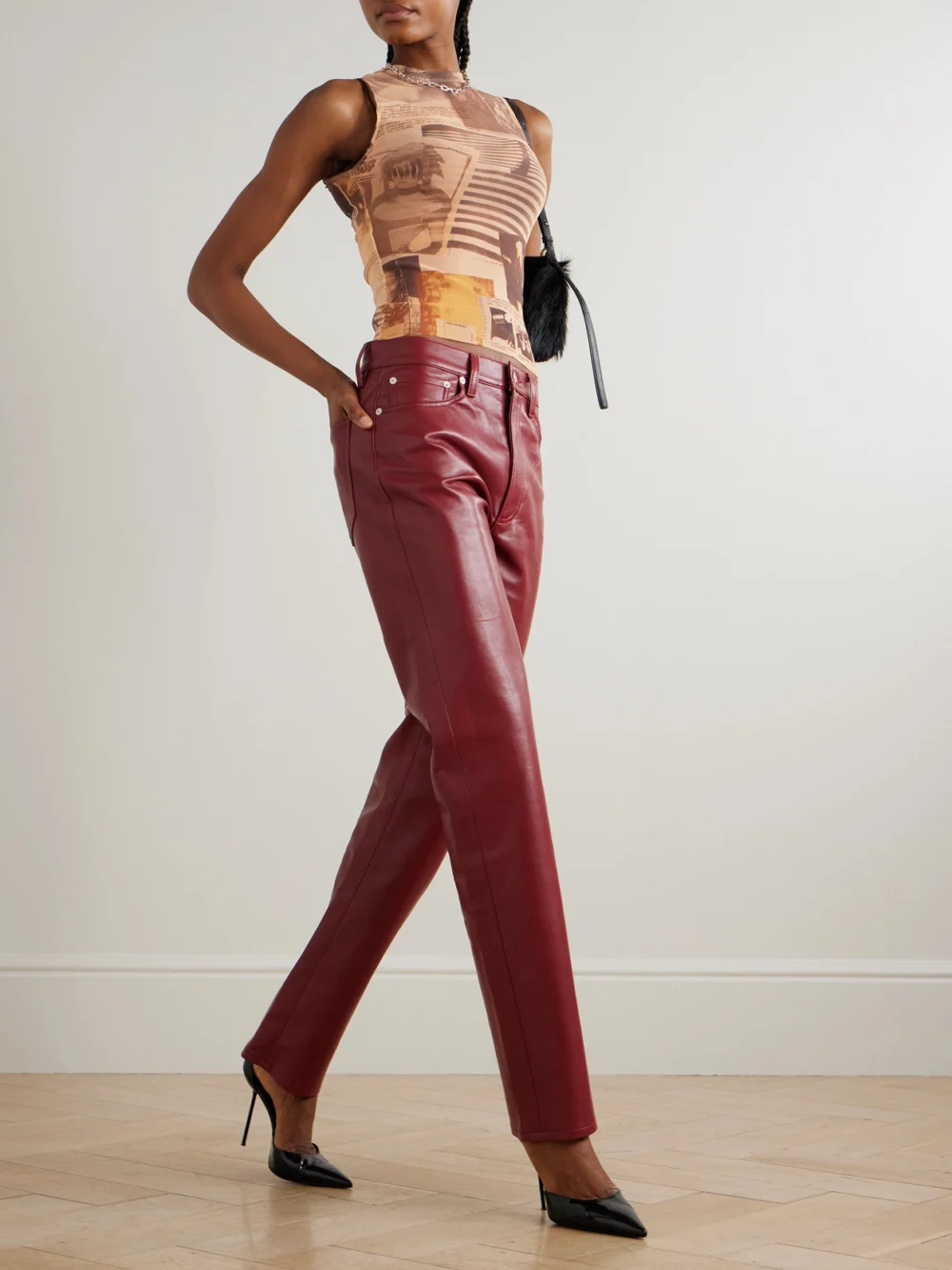 Jean Paul Gaultier Journal Printed Mesh Top, worn by a model