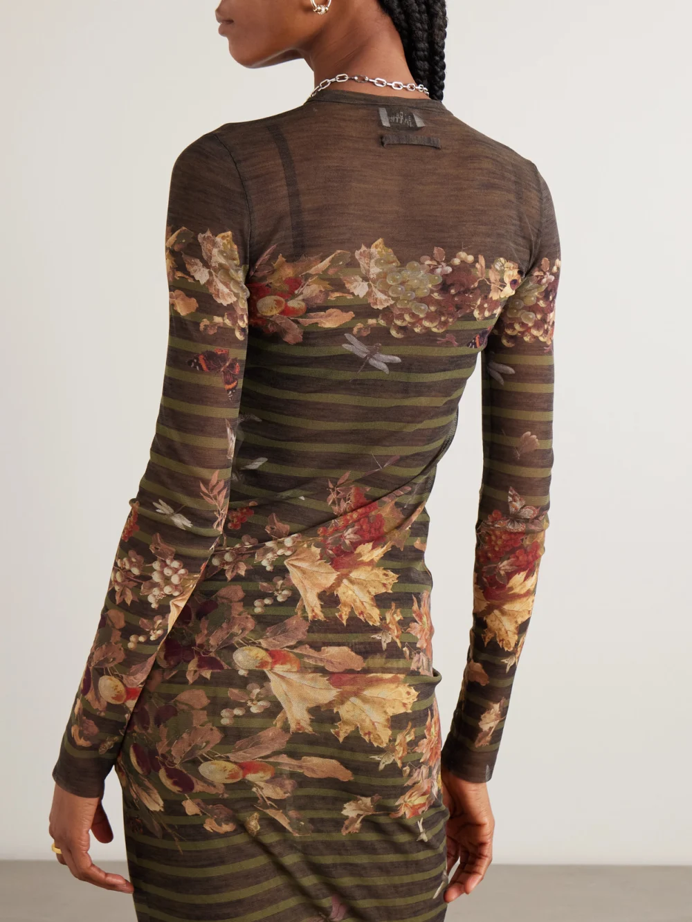 Back view of the Jean Paul Gaultier Marinière Grape Printed Mesh Top