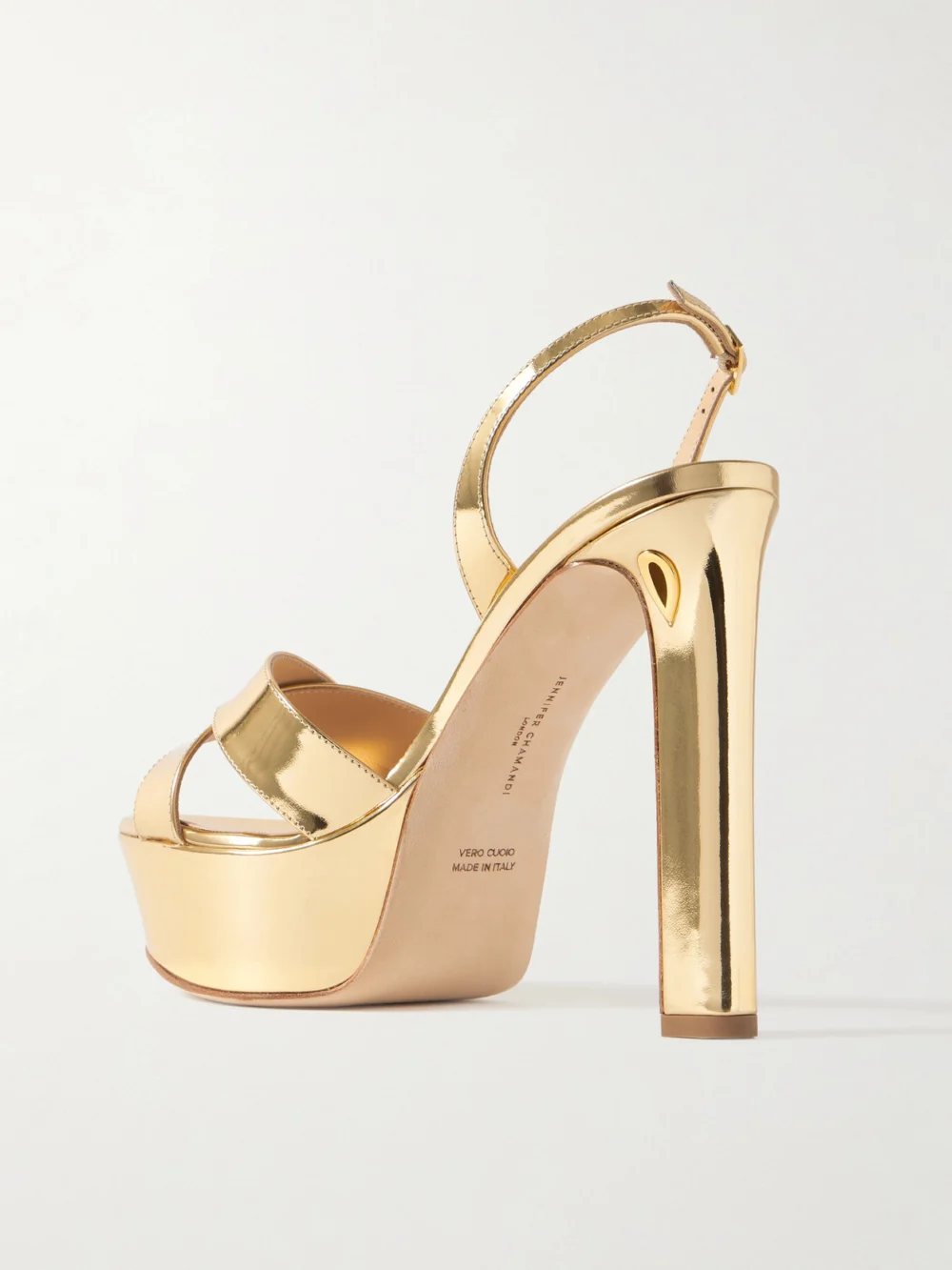 Back view of the Jennifer Chamandi Leonardo 130 Metallic Leather Platform Slingback Sandals