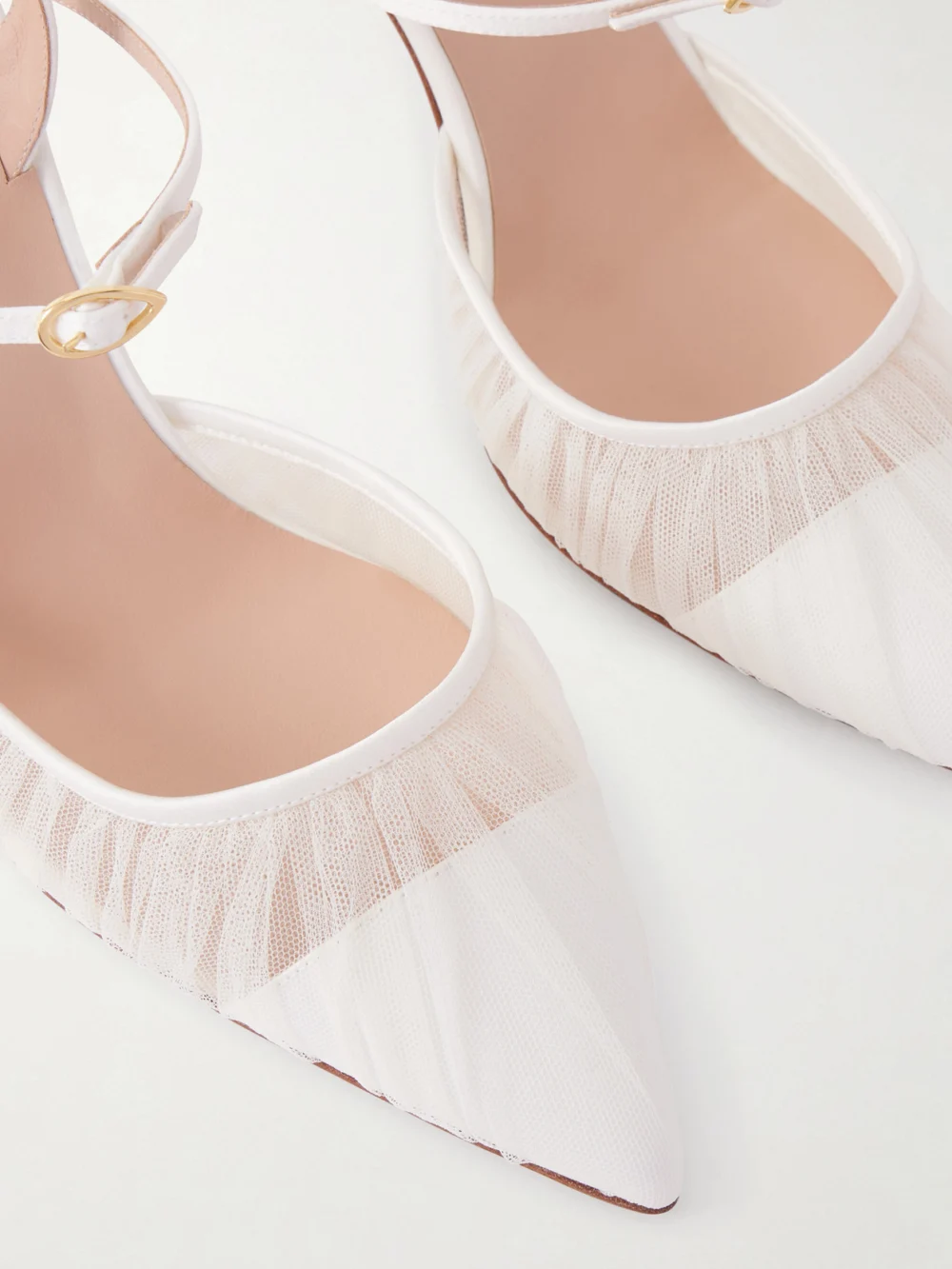 Close-up detail of the Jennifer Chamandi Mattia 85 Leather-trimmed Lace Pumps