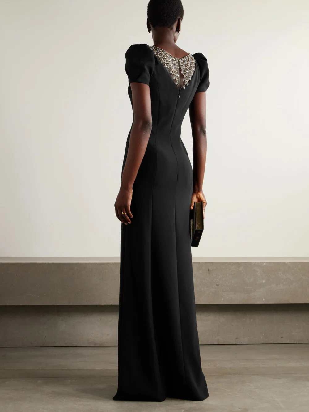 Back view of the Jenny Packham Empress Embellished Tulle-paneled Crepe Gown
