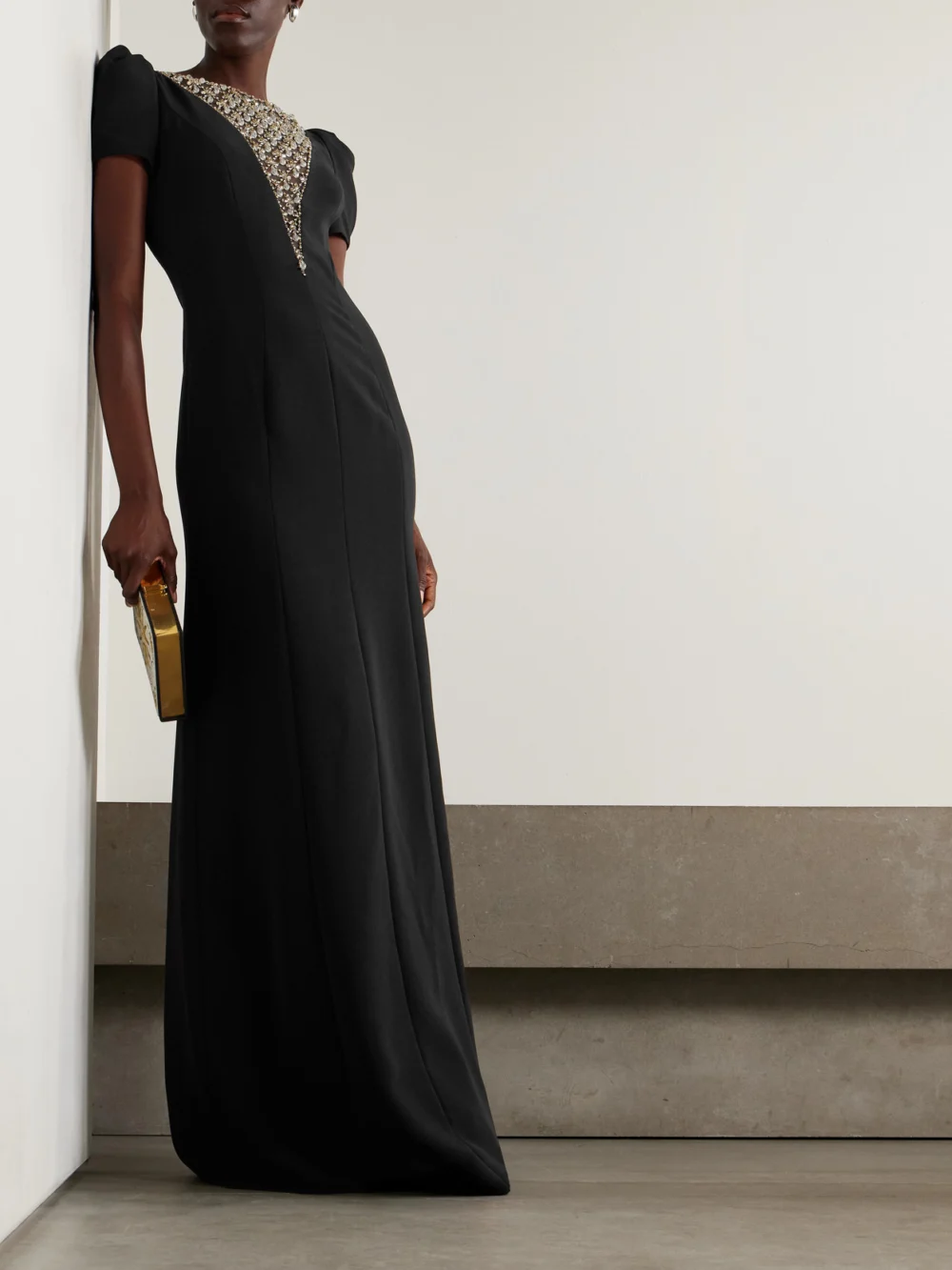 Jenny Packham Empress Embellished Tulle-paneled Crepe Gown, worn by a model