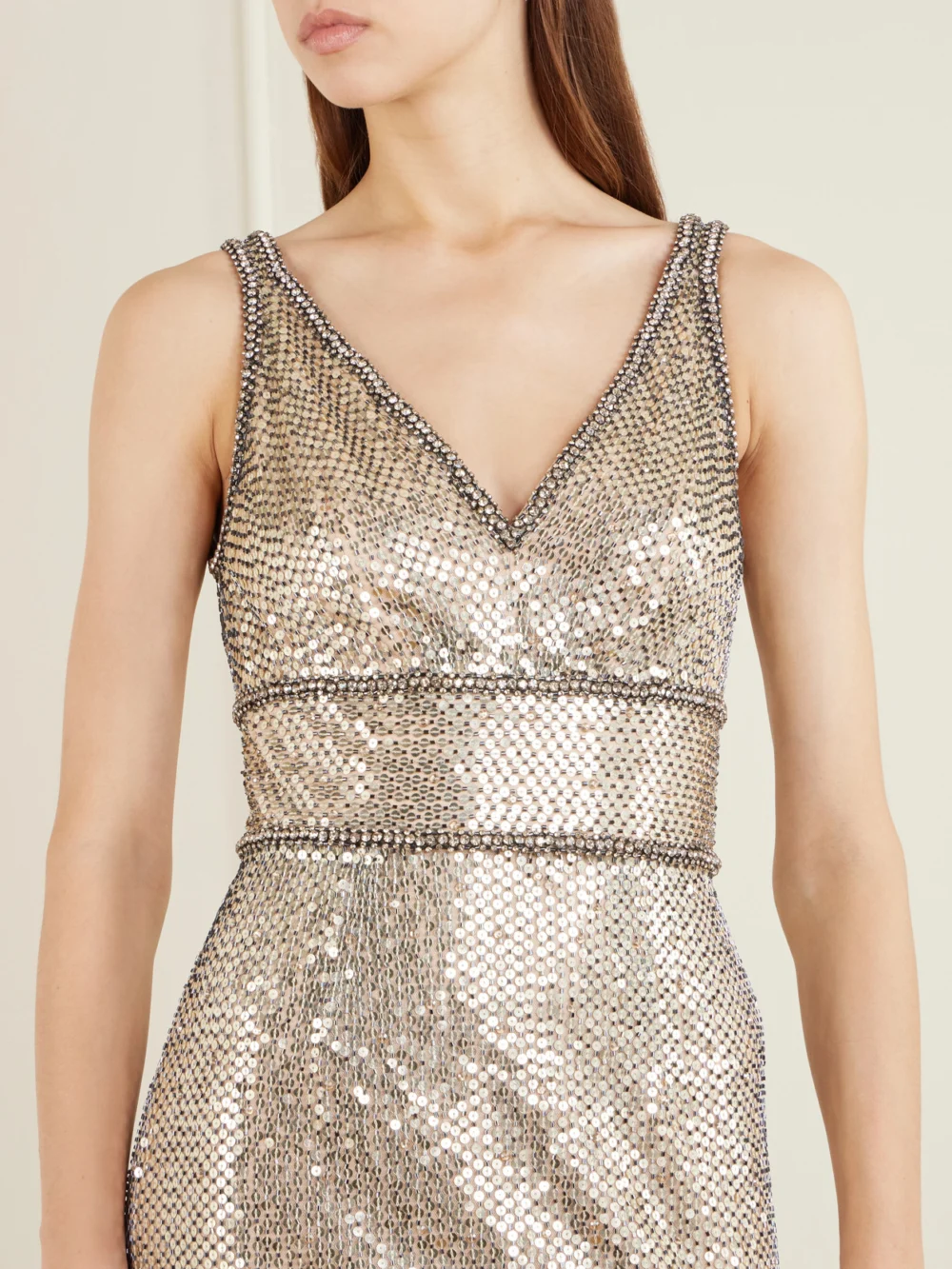 Close-up detail of the Jenny Packham Odina Crystal-embellished Sequin Tulle Gown