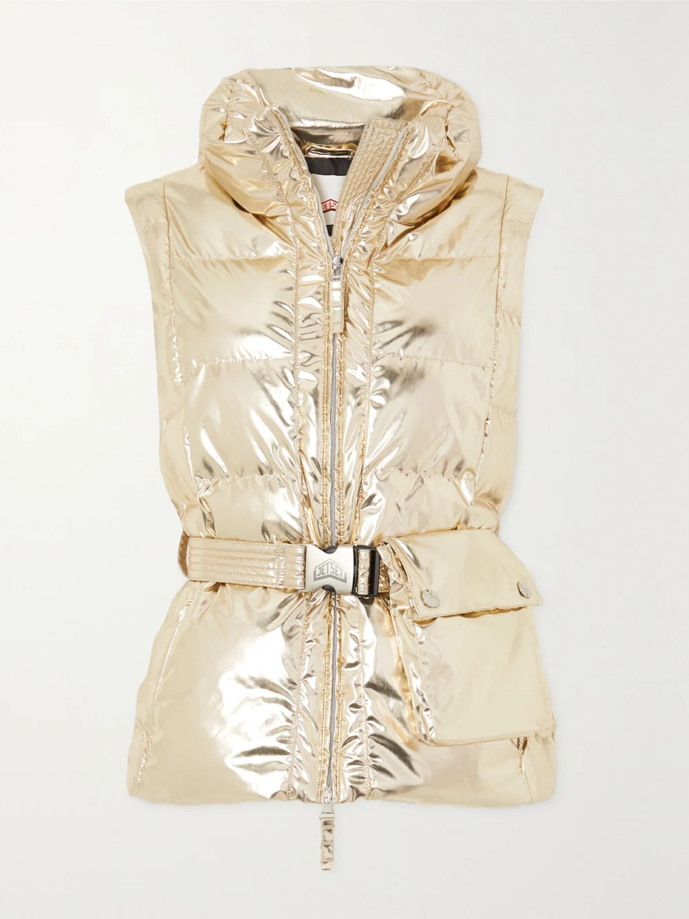 Jetset Gardena Belted Quilted Padded Metallic Ski Vest in gold