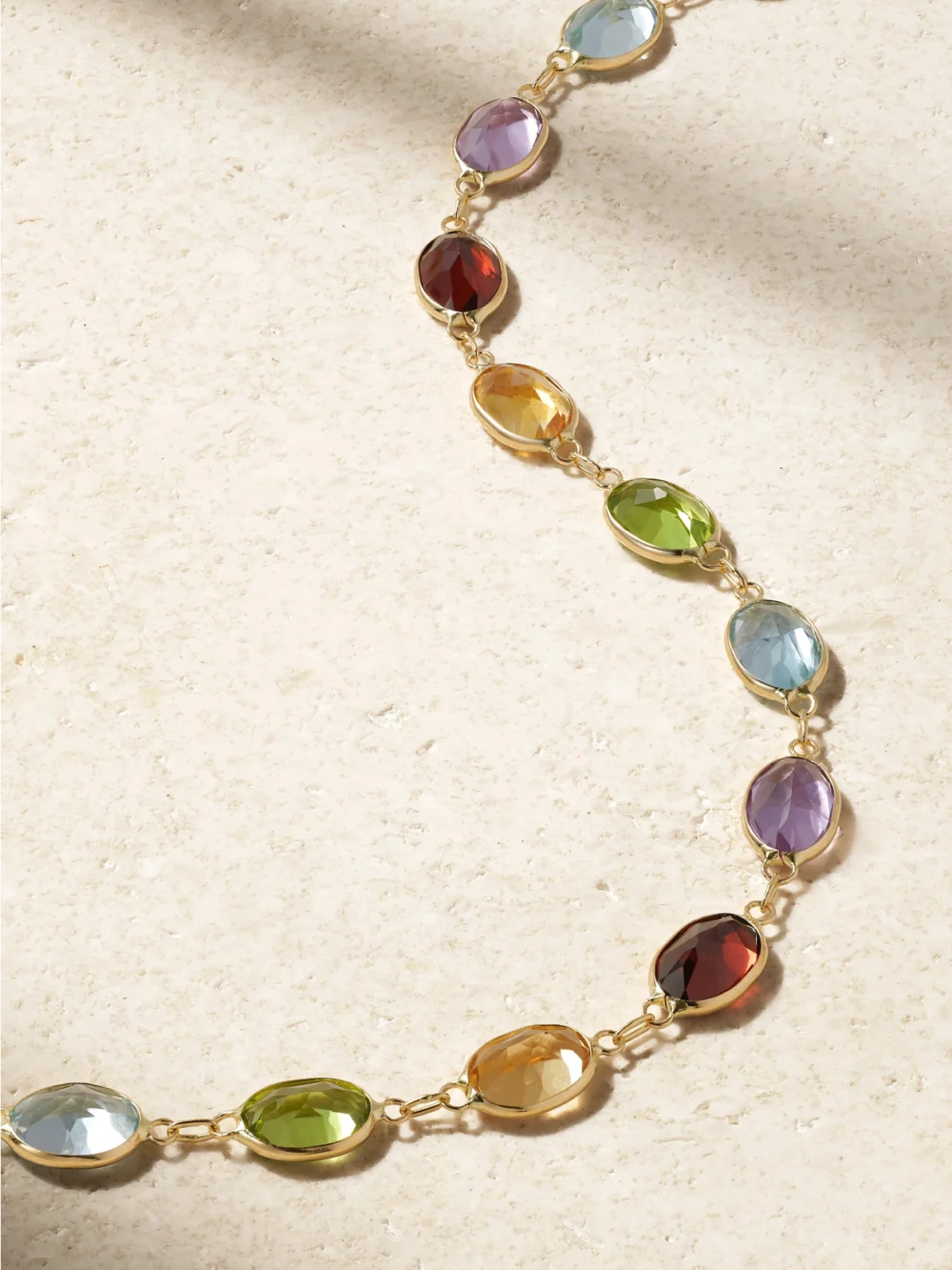 Close-up detail of the Jia Jia Chakra Gold Multi-stone Necklace