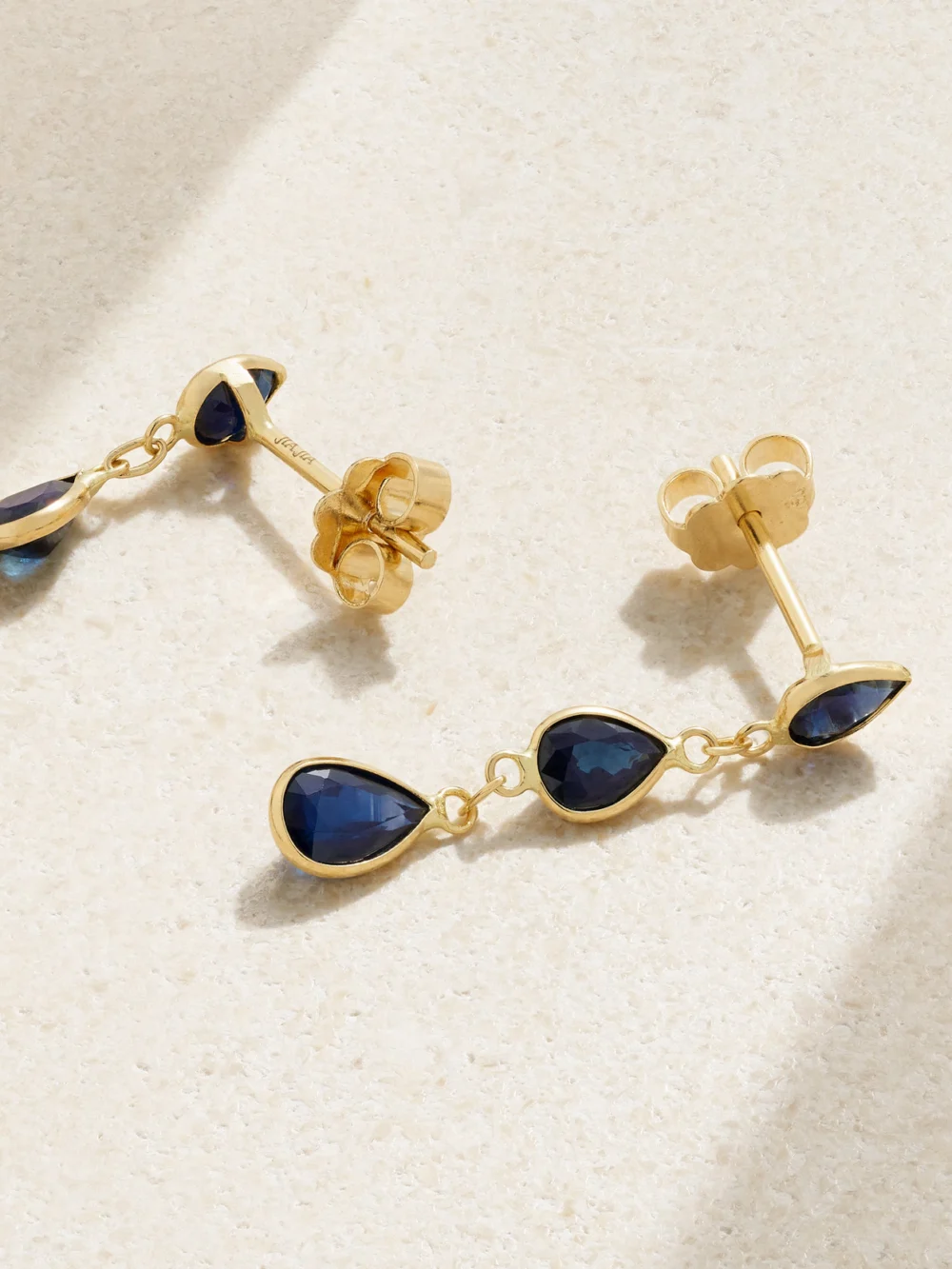 Close-up detail of the Jia Jia Chakra Gold Sapphire Earrings