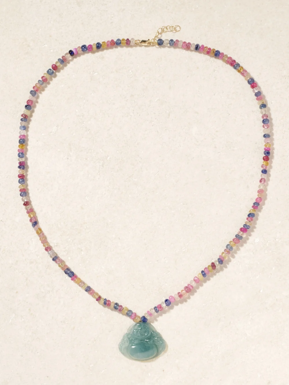 Close-up detail of the Jia Jia Happy Buddha 14-karat Gold, Sapphire and Jade Necklace
