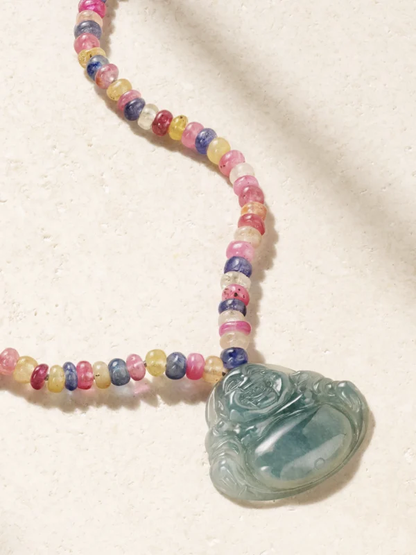 Jia Jia Happy Buddha 14-karat Gold, Sapphire and Jade Necklace