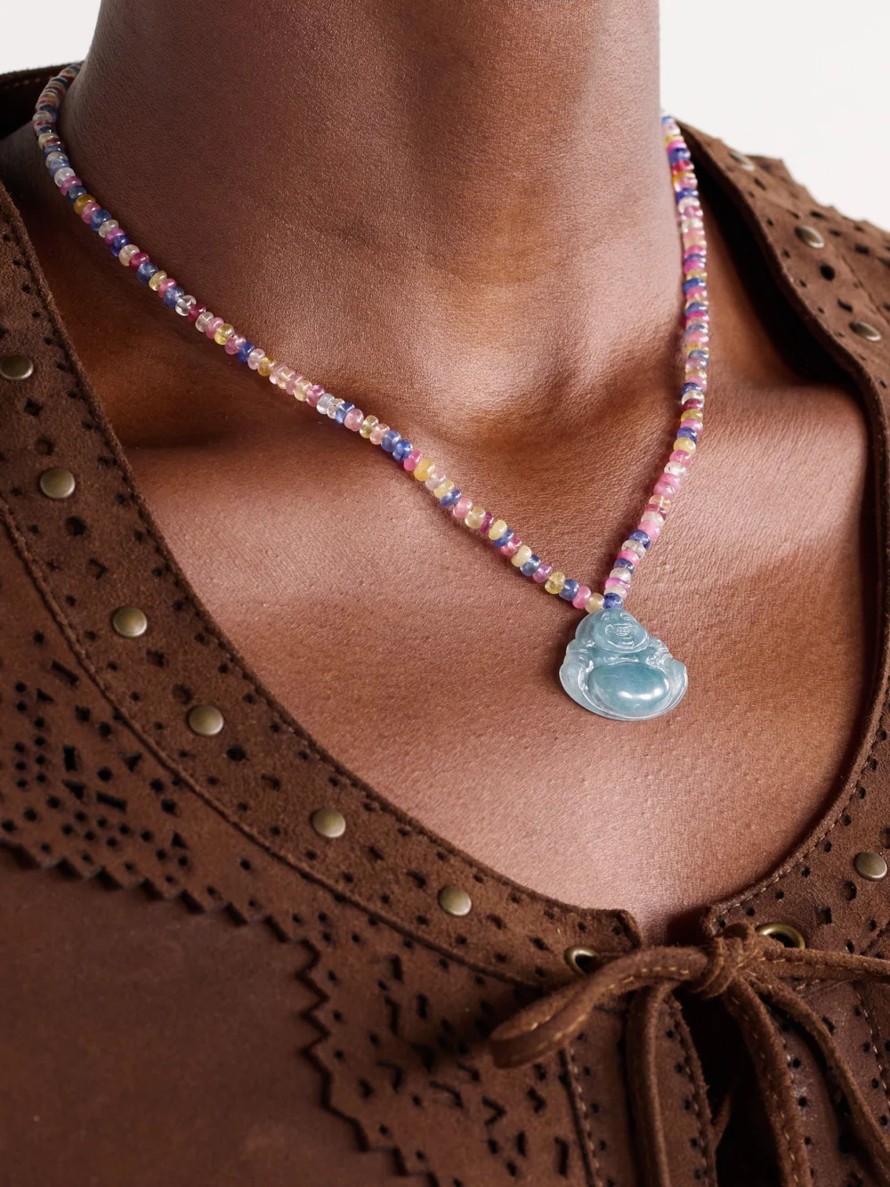 Jia Jia Happy Buddha 14-karat Gold, Sapphire and Jade Necklace, styled view