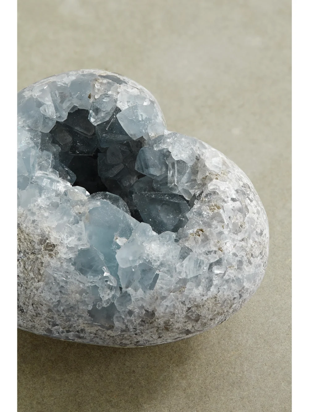 Close-up detail of the JIA JIA Home Small Celestine Geode Heart