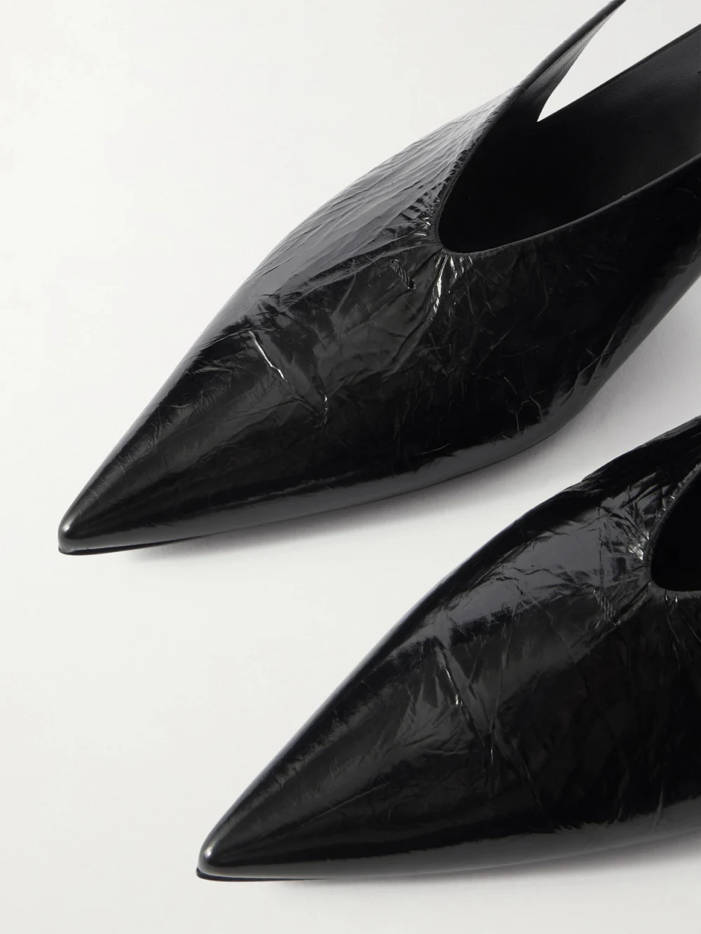 Close-up detail of the Jil Sander Crinkled Patent-leather Slingback Pumps