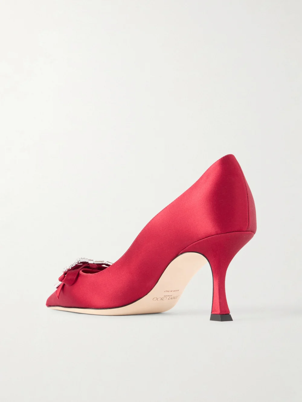 Back view of the Jimmy Choo Aura 70 Crystal Bow-embellished Satin Pumps