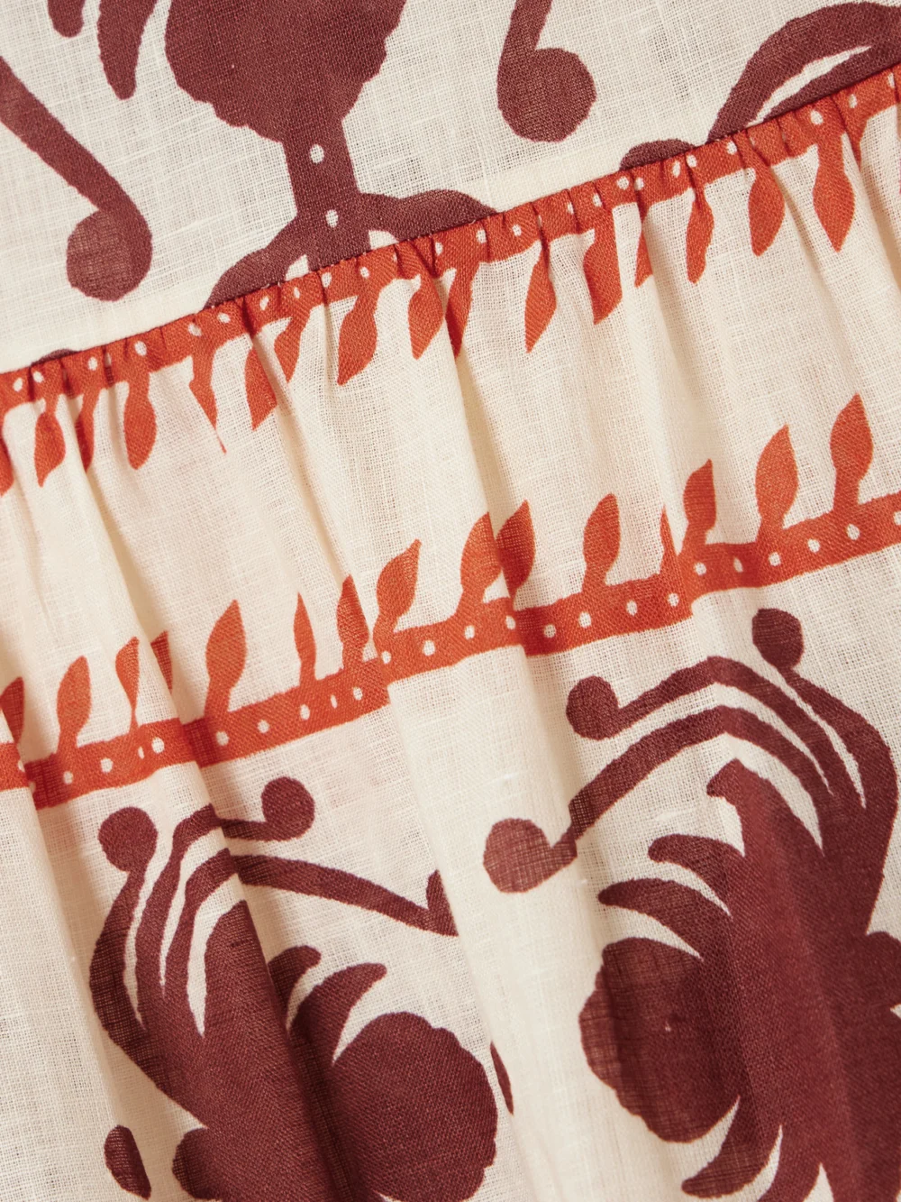 Close-up detail of the Johanna Ortiz Another Chance Strapless Tiered Embellished Printed Linen Maxi Dress
