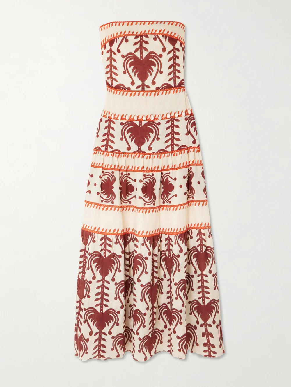 Johanna Ortiz Another Chance Strapless Tiered Embellished Printed Linen Maxi Dress in ecru