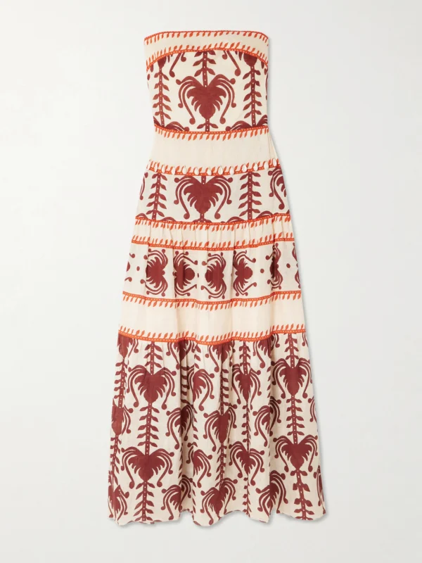 Johanna Ortiz Another Chance Strapless Tiered Embellished Printed Linen Maxi Dress