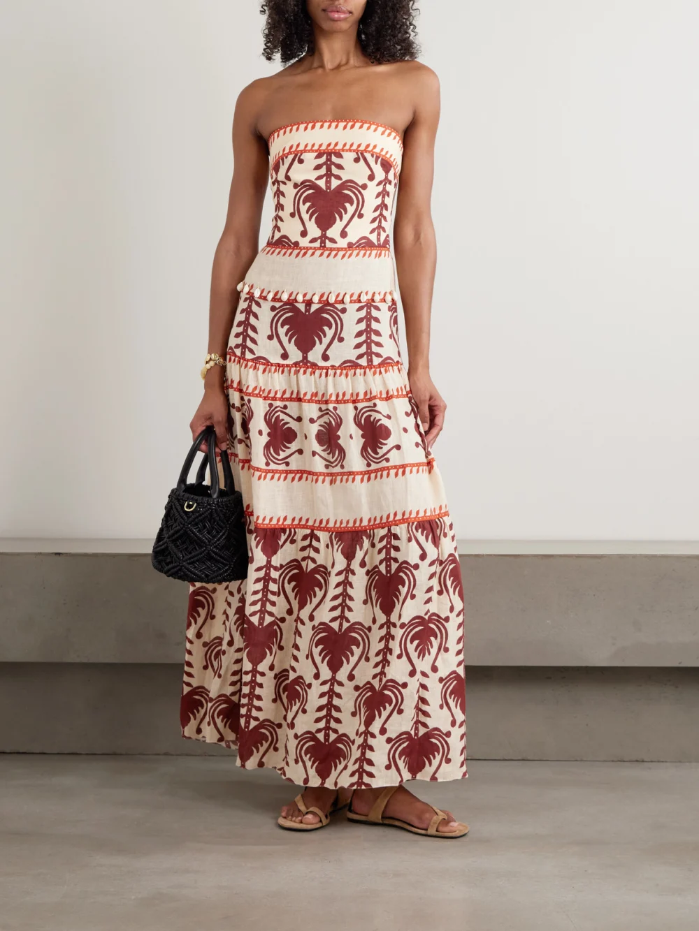 Johanna Ortiz Another Chance Strapless Tiered Embellished Printed Linen Maxi Dress, worn by a model