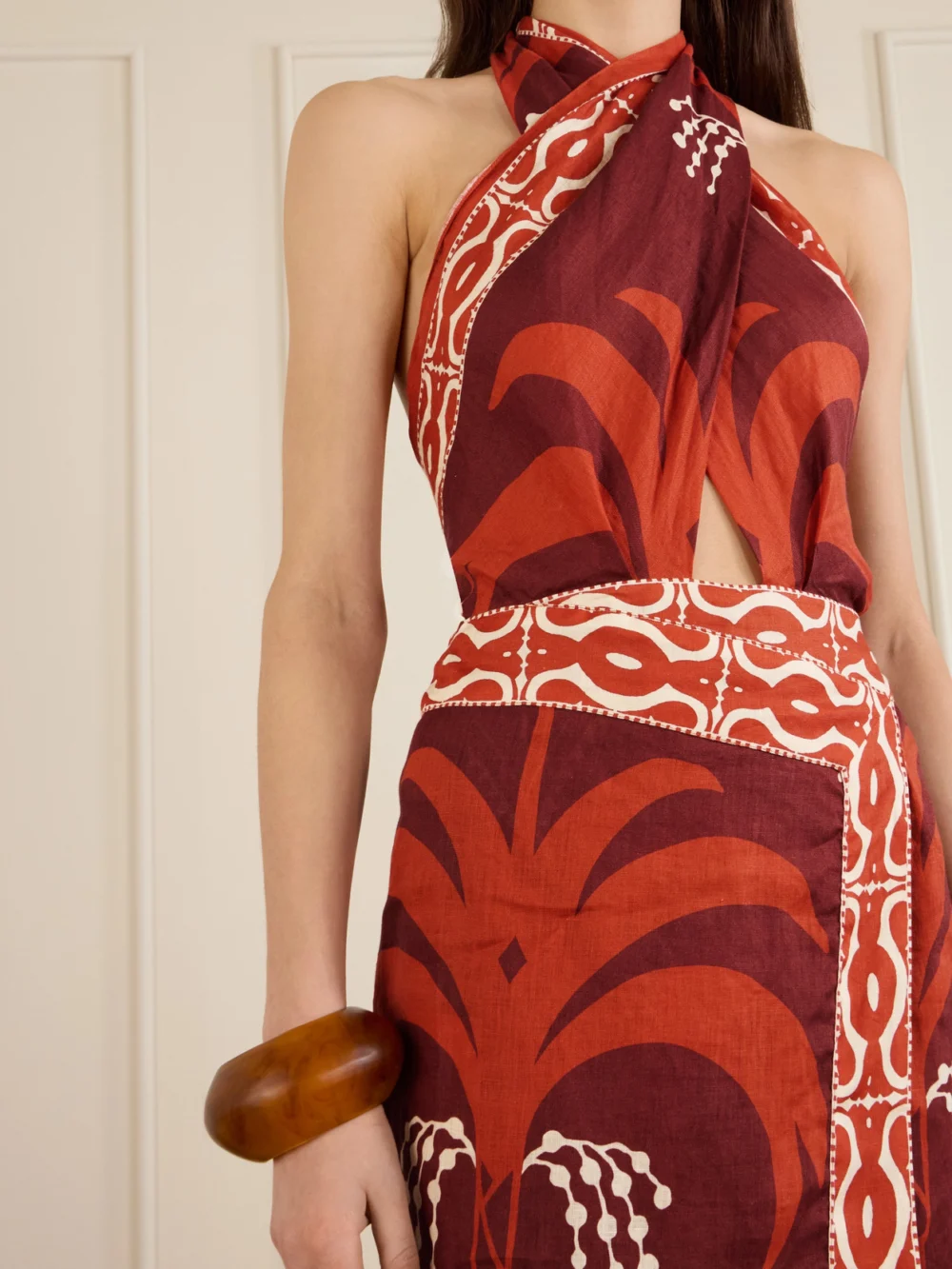 Close-up detail of the Johanna Ortiz Cutout Printed Linen Halterneck Maxi Dress