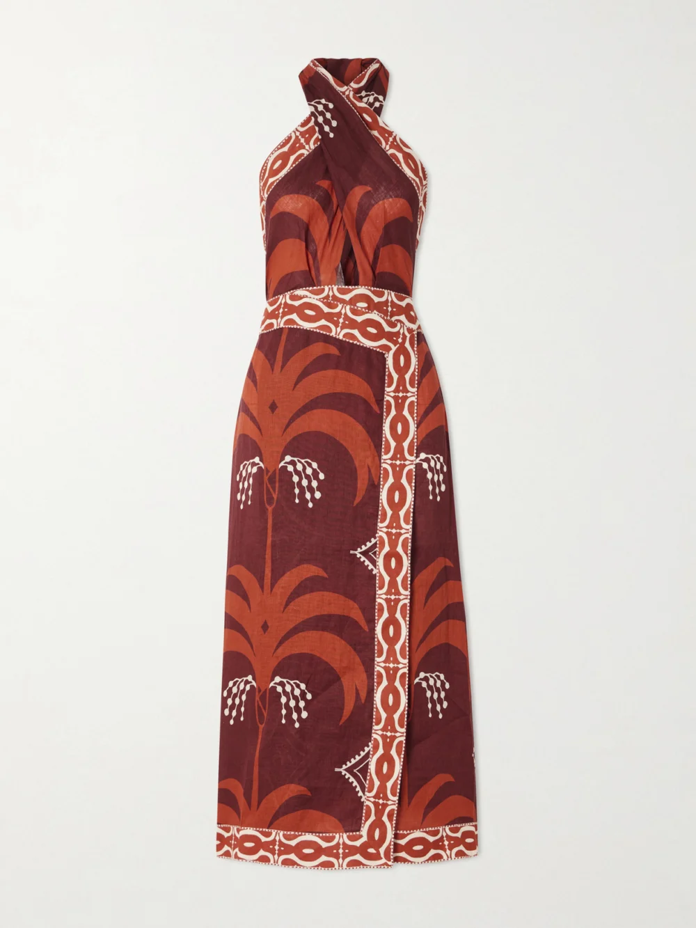 Johanna Ortiz Cutout Printed Linen Halterneck Maxi Dress in red