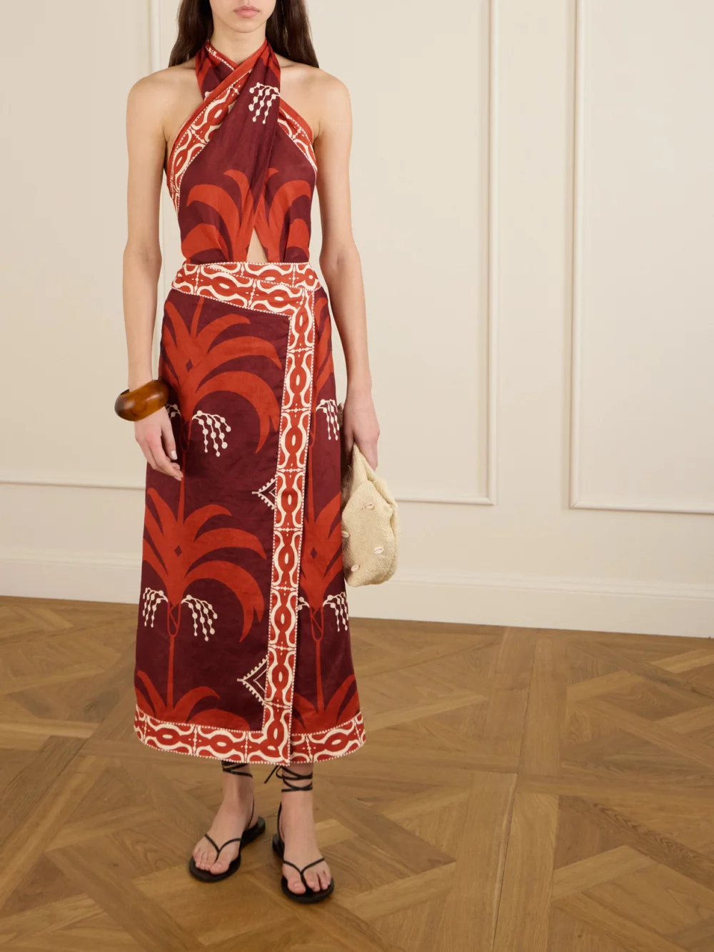 Johanna Ortiz Cutout Printed Linen Halterneck Maxi Dress, worn by a model