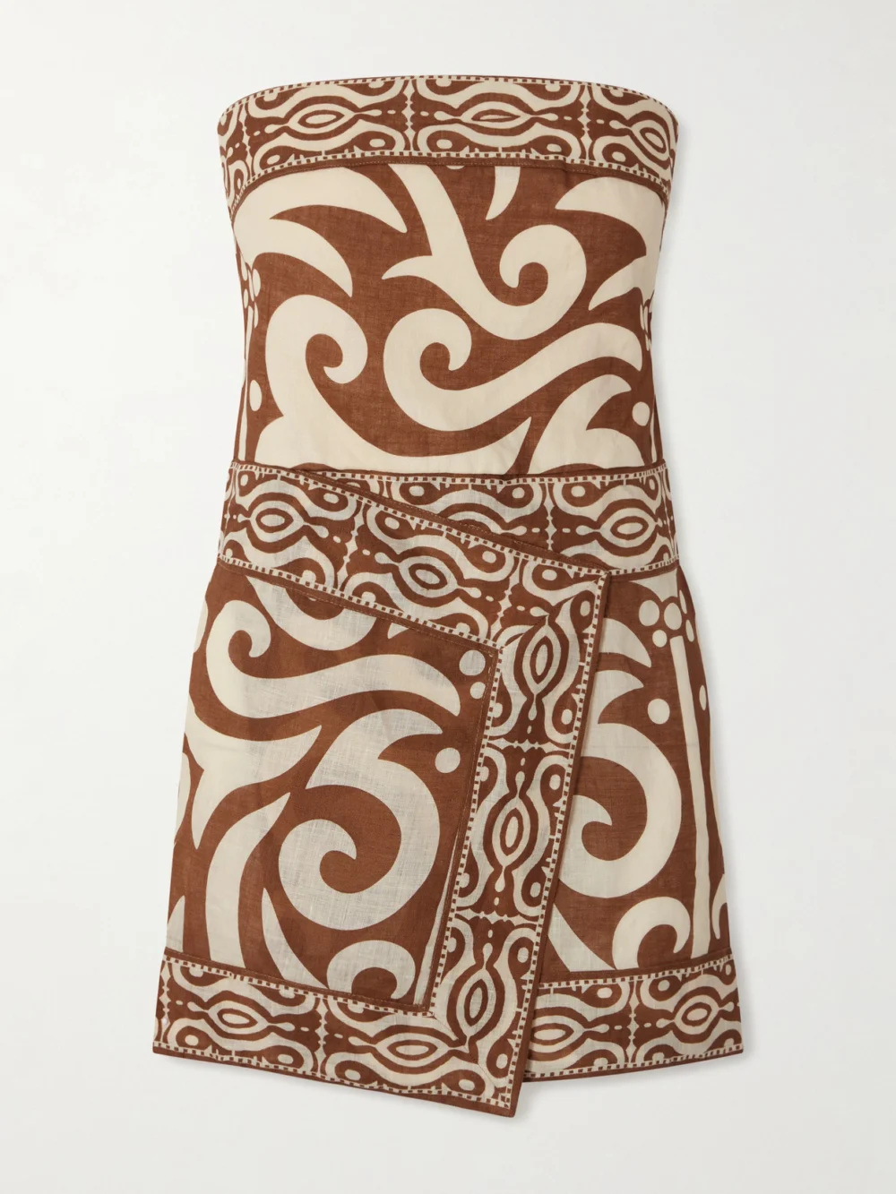 Johanna Ortiz Raiz Ritual Strapless Printed Linen Mini Dress in camel