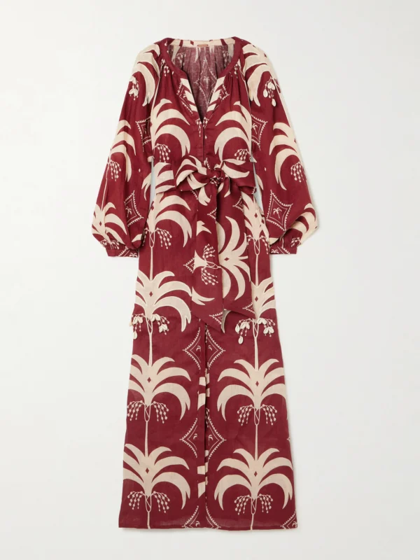 Johanna Ortiz Weaving Waves Belted Embellished Printed Linen Midi Dress
