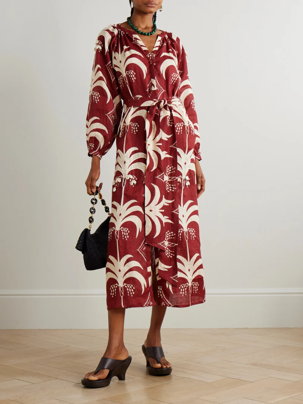 Johanna Ortiz Weaving Waves Belted Embellished Printed Linen Midi Dress, worn by a model