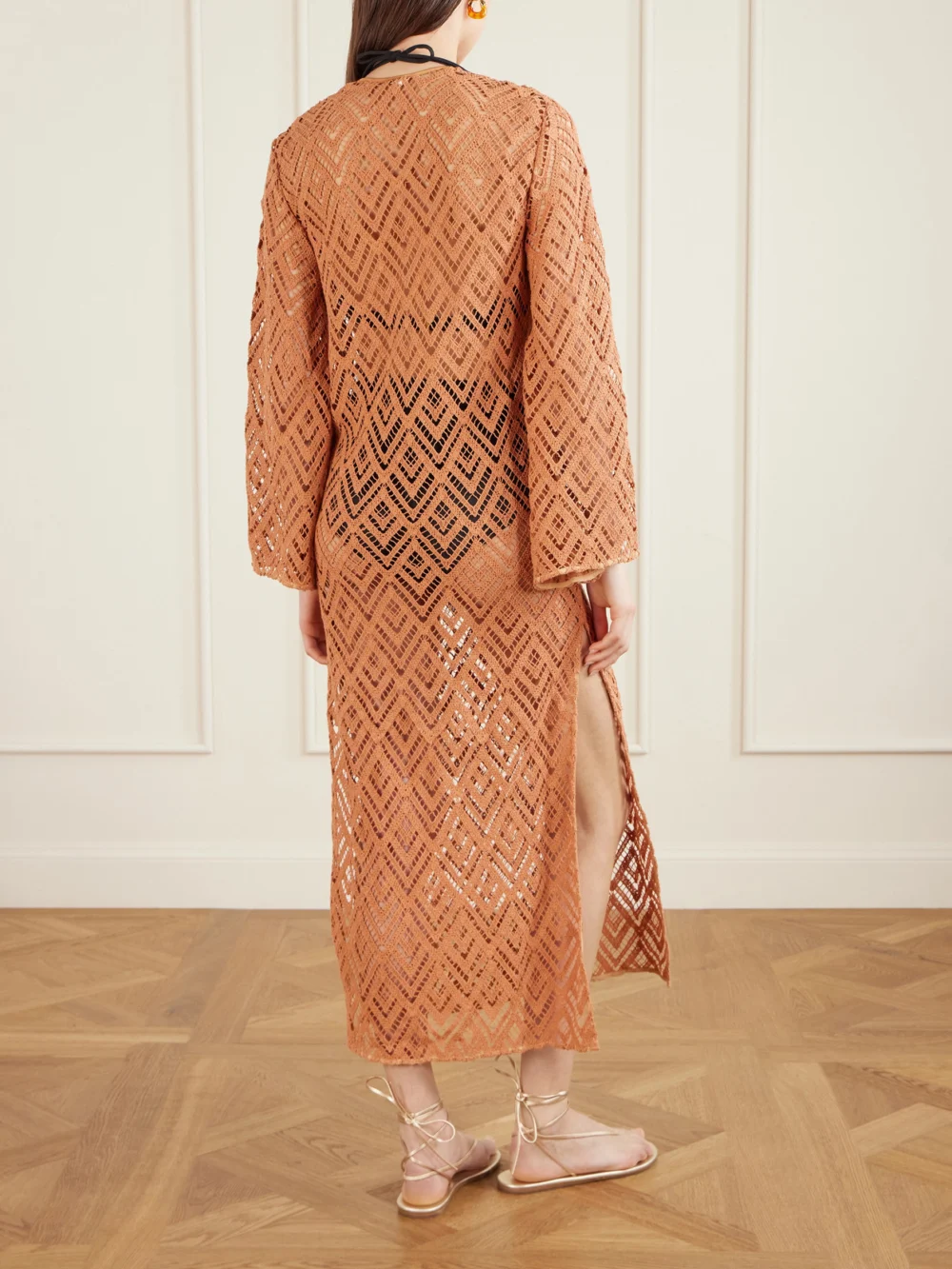 Back view of the Johanna Ortiz Wild Savannah Open-knit Cotton Tunic Dress