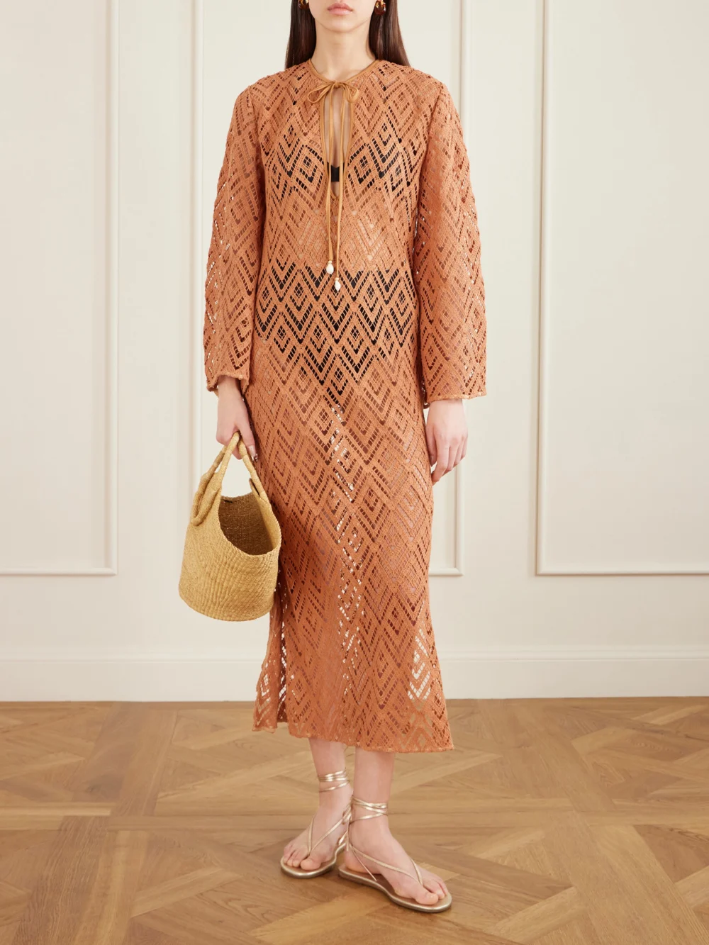 Johanna Ortiz Wild Savannah Open-knit Cotton Tunic Dress, worn by a model