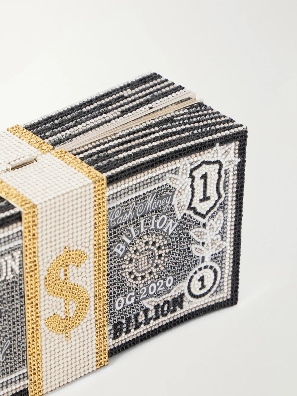 Close-up detail of the Judith Leiber Couture Billions Stack of Cash Crystal-embellished Silver-tone Clutch
