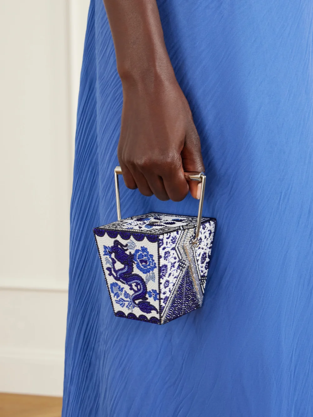Judith Leiber Couture Blue Dragon Take Away Box Crystal-embellished Silver-tone Clutch, styled view
