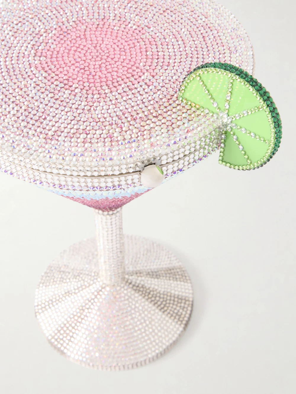Close-up detail of the Judith Leiber Couture Cosmopolitan Crystal-embellished Silver-tone Clutch